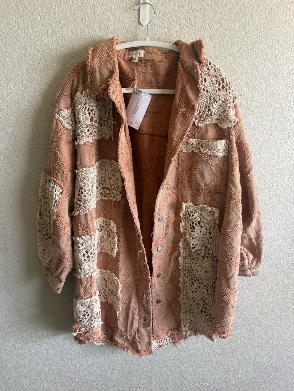 NWT POL Dusty Rose Lace Overlay Shirt Jacket Shacket Boho Crochet Fall Size M/L - Picture 3 of 9